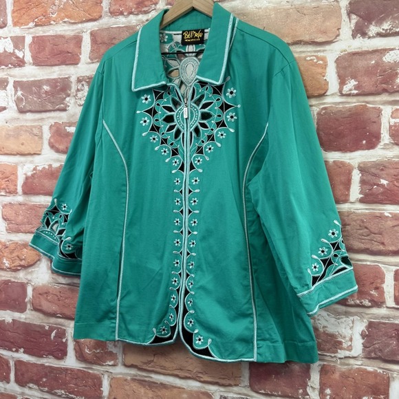 Bob Mackie Wearable Art Jacket Women's 3X Turquoise Boho Embroidered Cutout - Picture 2 of 8